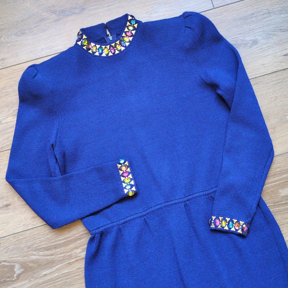 Vtg 80s St. John Santana Knit Dress Royal Blue Jeweled Saks Fifth Avenue 4